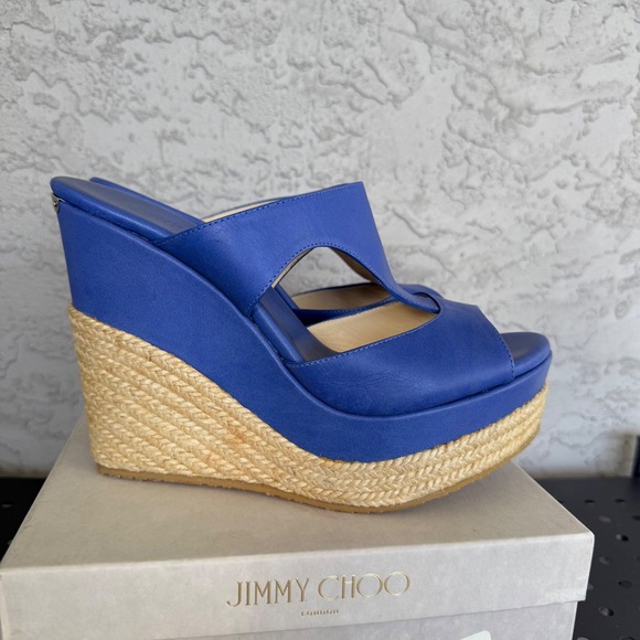 Jimmy Choo 143 Pledge Cosmo Vac LOGO PLATE Espadrille Wedge SLIDES EU 41 Blue - Picture 2 of 14